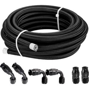 6AN PTFE Fuel Line Kit 10FT, Nylon Braided Hose with Fittings, Automotive Fuel System Braided Oil Gas Fuel Hose CPE with 6 Pcs Swivel Hose End Fittings Adapter Kit Black