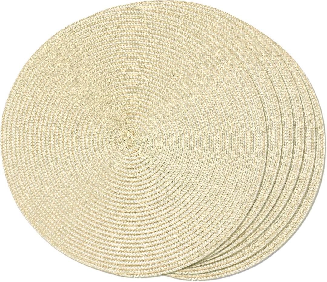 FunWheat Round Braided Placemats Set of 6 Table Mats for Dining Tables Woven Washable Non-Slip Place mats 15 inch(Beige, 6pcs)