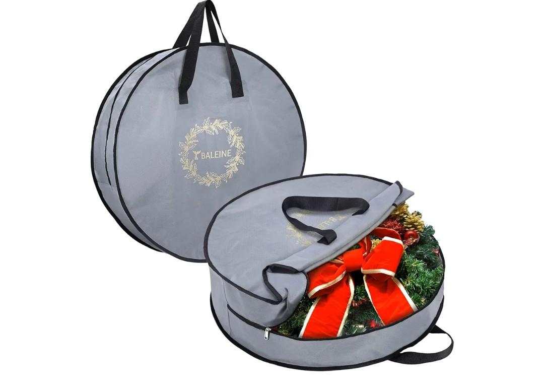 BALEINE 2 Pack Wreath Storage Container, Christmas Wreath Storage Bag with Reinforced Handle for Holiday Xmas (Grey, 30"X8")