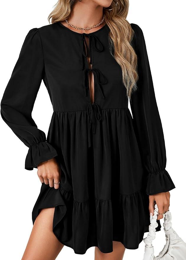 LYANER Women's Bow Tie Hollow Out Front Puff Long Sleeve Flowy Mini Dress, Large