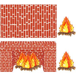 4 Pieces Christmas Red Brick Wall Party Backdrop Red Brick Wrapping Paper Fireplace Backdrop Decorations Artificial Fire Flame Cardboard 3D Campfire Fake Centerpiece, Tablecloth for Party Background
