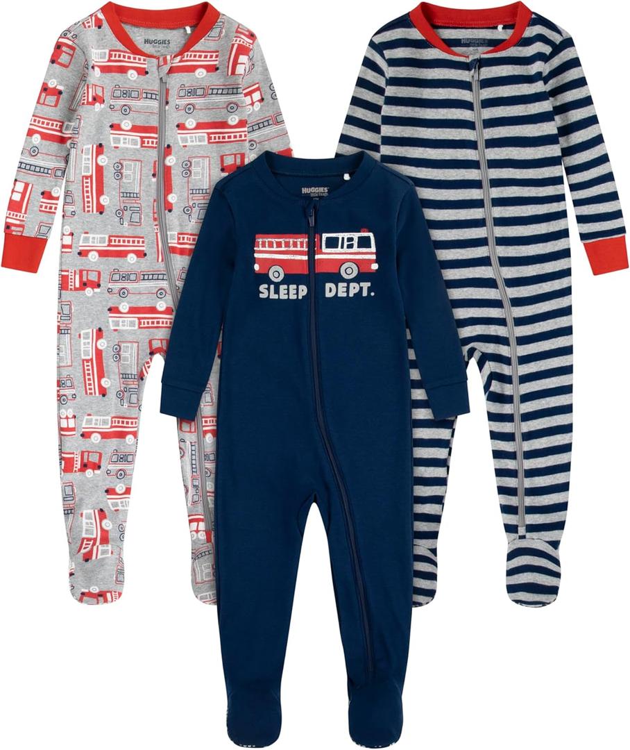 HUGGIES unisex-baby 3-pack Footed Coverall Pajamas (12 Months, Mid Grey Heather/Fire Trucks)