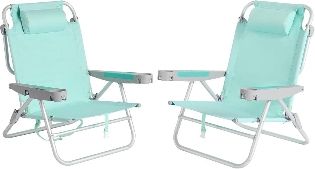 SUNNYFEEL Extra Wide Low Beach Chair 2 Pack 5 Position Lay, XL Oversized Portable Folding Camping Chairs with Cup Holder for Outdoor/Sand, Foldable Backpack Beach Chair for Adults Heavy Duty 500 LBS