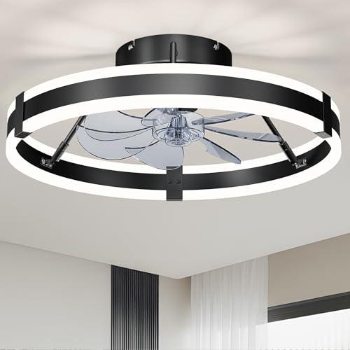 Low Profile Bladeless Ceiling Fan with Lights & Remote - 19.7" Flush Mount Fandelier Light Fan for Bedroom/Kitchen, 3000-6000K Dimmable LED, 6-Speed Modern Fan with Lights for Home/Office