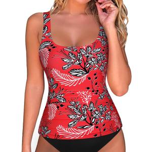 Hilor Women's Underwire Tankini Tops Tummy Control Bathing Suit Top Swimsuit Modest Swim Tank Top Only (8, Red&white Floral)