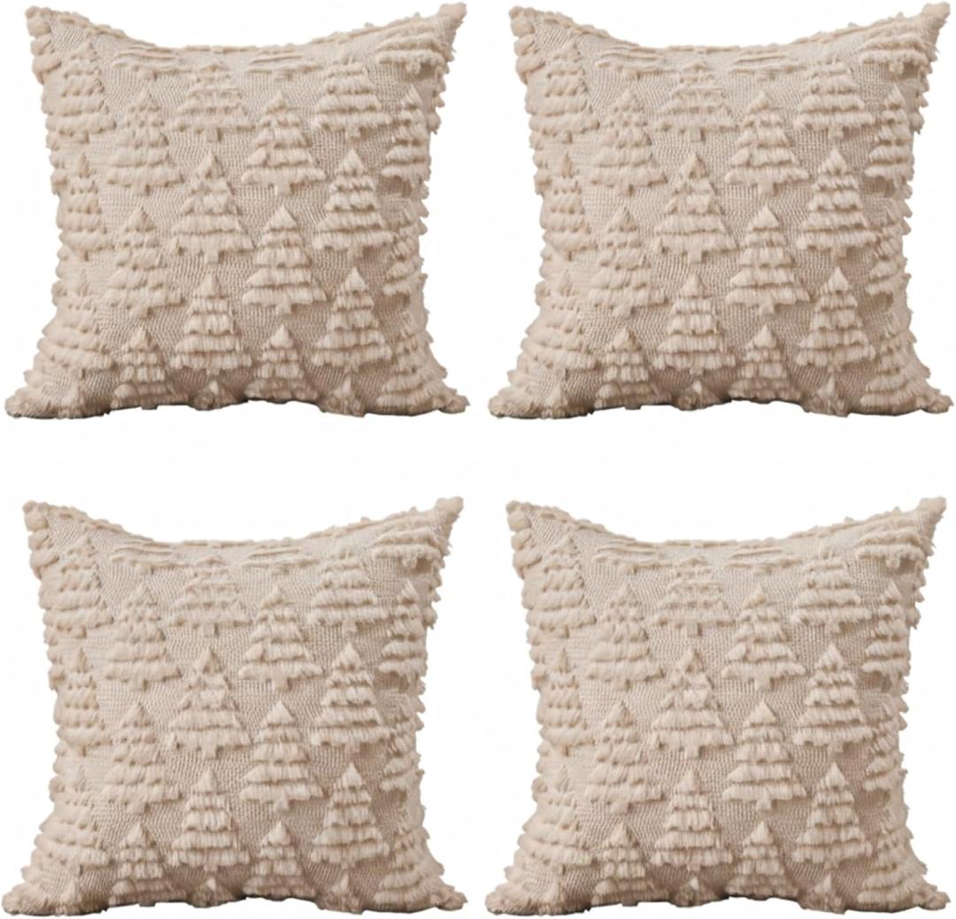Mindsoft 4 Pack 18" X 18" Christmas Pillow Covers Throw Pillow Cases Soft Plush Xmas Winter Christmas Tree Faux Fur Cushion Case for Chair Sofa Bedroom Living Room Home Decor (Beige)