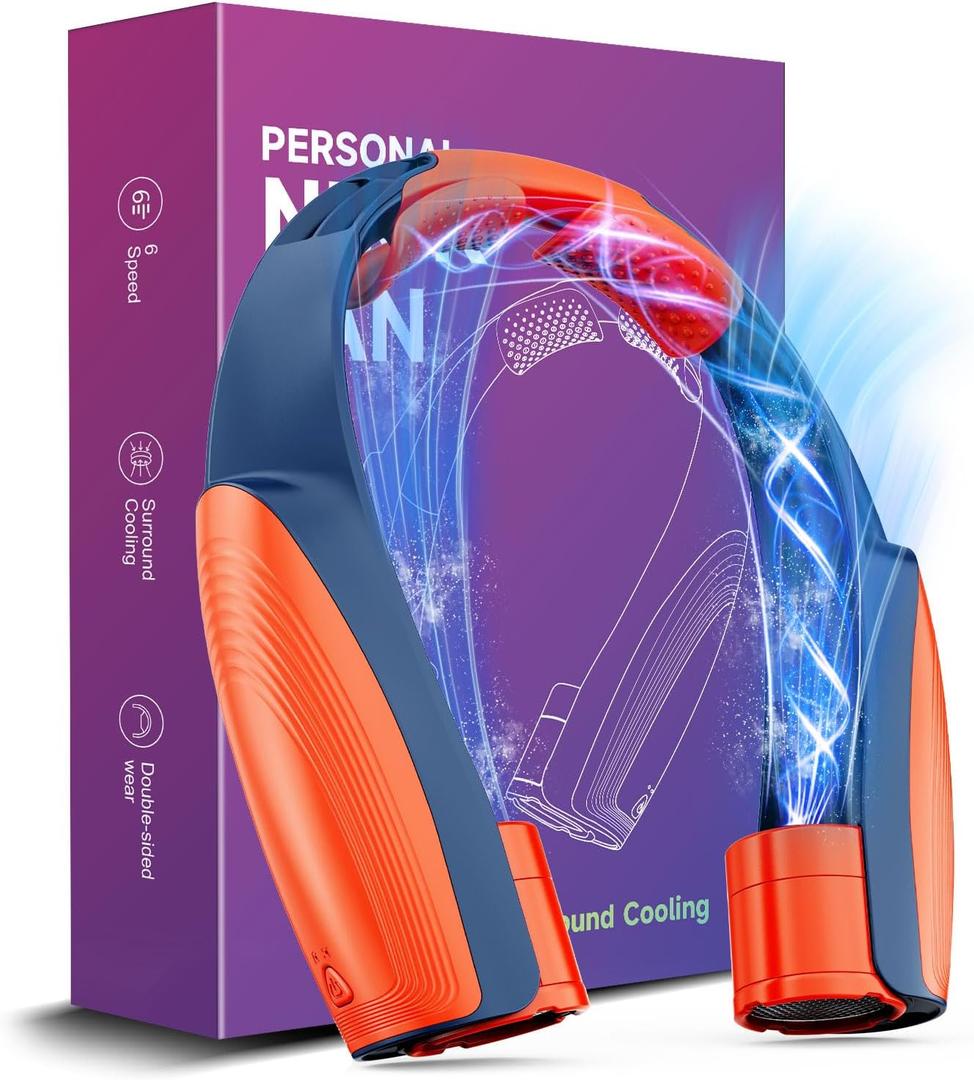 AI Portable Neck Fan with 6 Powerful Speeds, 8000mAh Battery Operated USB-C Rechargeable Fan, Hands-Free 360 Cooling Neck Fan,Ultra-Quiet Personal Fan for Women Men Office Travel(Orange-Blue)