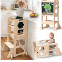 4-in-1 Toddler Kitchen Step Stool, Foldable Learning Standing Tower with Blackboard, Wooden Kitchen Stool Helper for Kids, 1-3 Year Old Boy Girl Gifts
