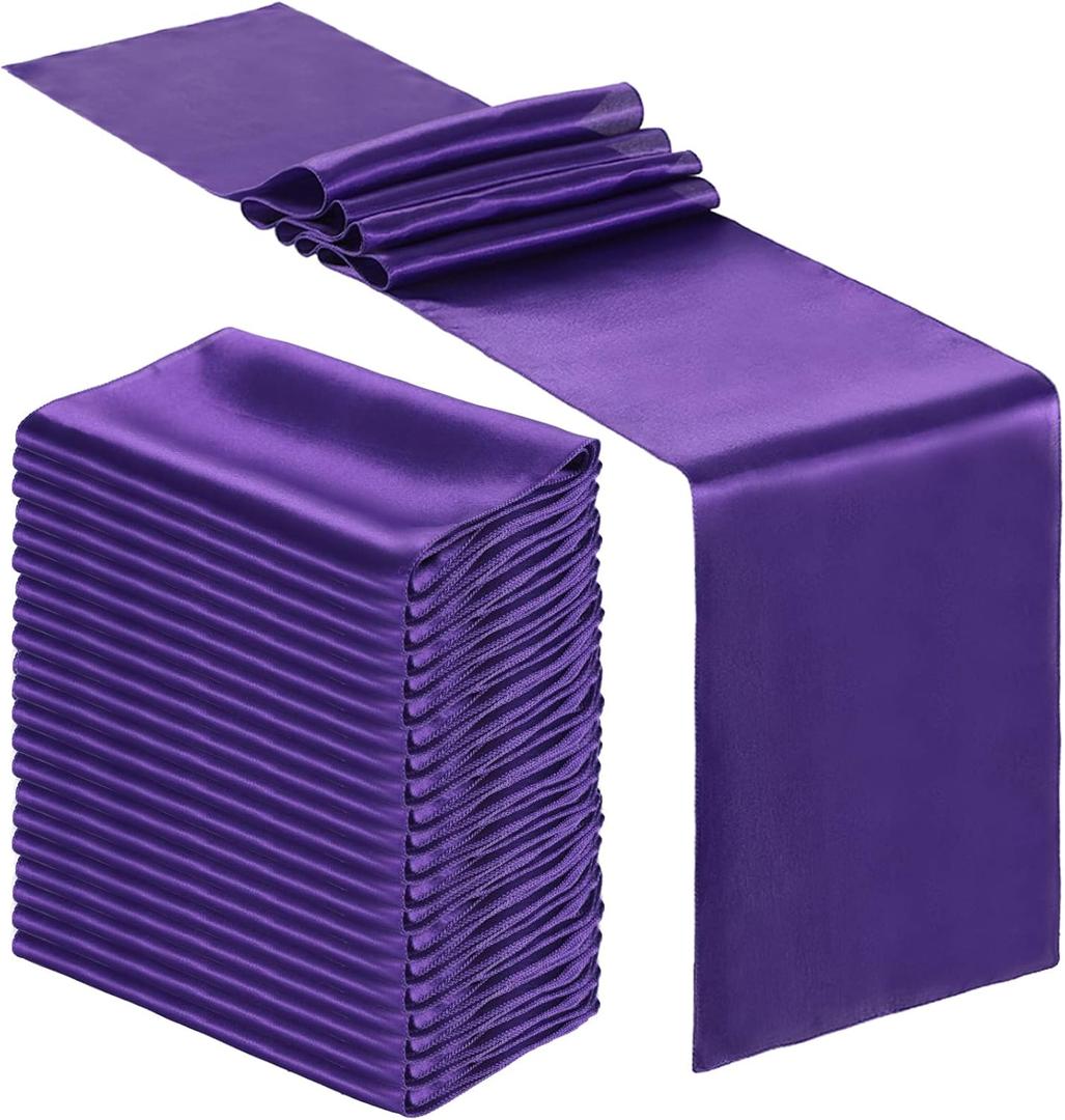 Bencailor 12 Pcs Purple Satin Table Runner Bulk 12 x 108 Inches Long Table Runners Bright Smooth Fabric Tablecloth for Wedding Banquet Birthday Spring Graduation Party Decorations