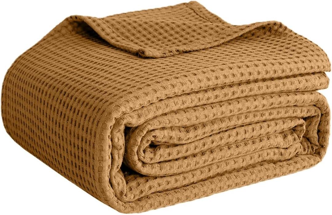 100% Cotton Blankets Throw Size for Bed - Waffle Weave Blankets for Summer, Lightweight and Breathable Soft Woven Blanket for Spring (Orange, Throw (50" x 60")