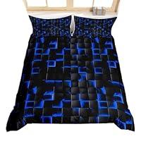 Teen Boy Geometric Bedding Set Black Navy Royal Blue Kids Comforter Cover For Boys Men,Neon Abstract Stereoscopic Check Grid Duvet Cover Square Plaid Bed Set 3D Modern Room Decor, 1 Comforter 70x90 and pillow case 20x30
