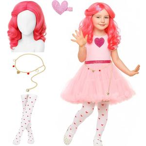 JenPen 4 Pcs Halloween Rise Pink Dress Princess Costume Accessories Set Include Pink Curly Wig Heart Hairpin Heart Stockings with Waist Chain for Women Halloween Cosplay Party Outfit