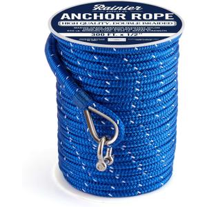 RainierSupplyCo Boat Anchor Rope - Double Braided Marine Rope Anchor Line - 100/150 / 200/300 ft Nylon Boating Line with 316 Stainless Steel Thimble and Heavy Duty Marine Grade (Royal Blue with reflective stripe)