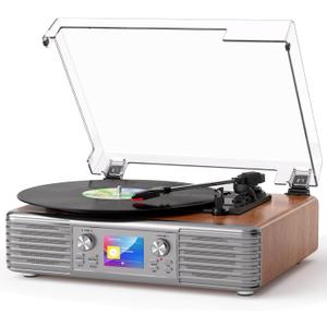 Vintage Vinyl Record Player with Stereo Speakers, 3-Speed Belt Drive Bluetooth Turntable, USB to PC Recording, LCD Display, Auto Stop, RCA Line Out, AUX, Headphone Jack, Walnut Wood, Home Decor, Gift