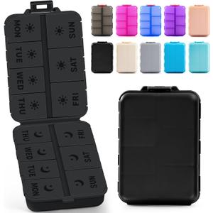 New Foldable & Double Protection Portable Weekly Pill Organizer 2 Times A Day with Etched Labels, AM PM 7 Day Week Medicine Box, Daily Travel Pill Case Dispenser for Vitamin, Supplement - All Black