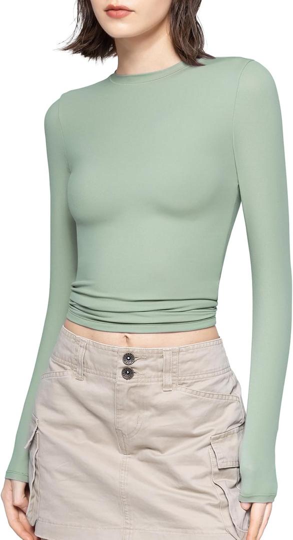 PUMIEY Women's Long Sleeve T Shirts Crew Neck Slim Fit Tops Sexy Basic Tee Smoke Cloud Pro Collection