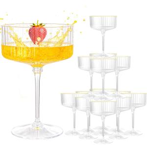 LIYH 20pcs Plastic Martini Glasses 10 Oz Disposable Martini Glasses Cocktail Coupe Plastic Champagne Tower Disposable Martini Cups Perfect for Bar Cocktails Martinis Parties (Clear Gold Vertical Stripe Pattern)