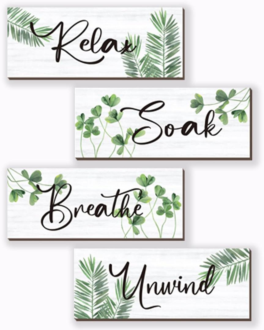 4 Pcs Farmhouse Bathroom Wall Decors Relax Soak Unwind Breathe Wooden Word Sign Green Hanging Wall Art Rustic Office Wall Decor for Bedroom Living Room Vintage Decorations(Green Leaves 10X4 Inch)