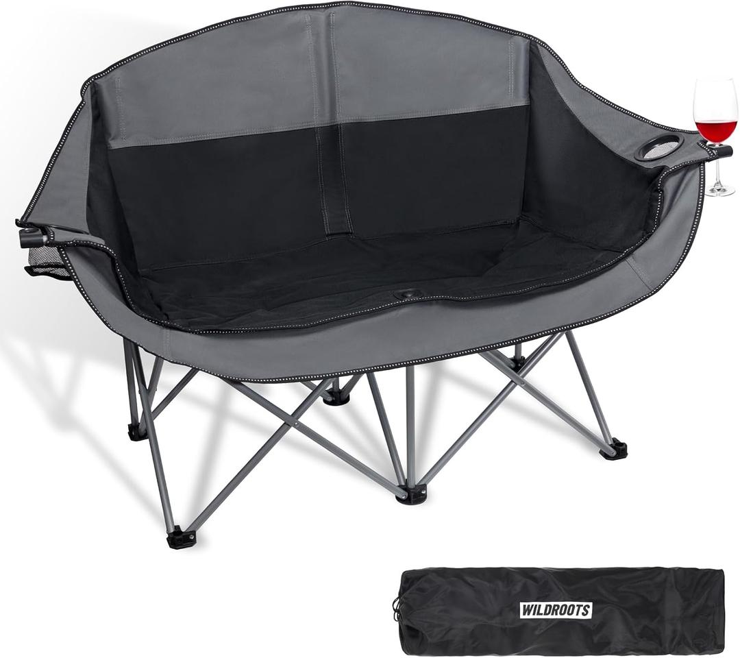 WILDROOTS Outdoor Folding Double Camping Chair Adults 2 Person,Heavy Duty 600 LBS Loveseat with 2 Cup Holder,Portable Carry Bag Included for Camping,Lawn,Backyard,Movie (Black)