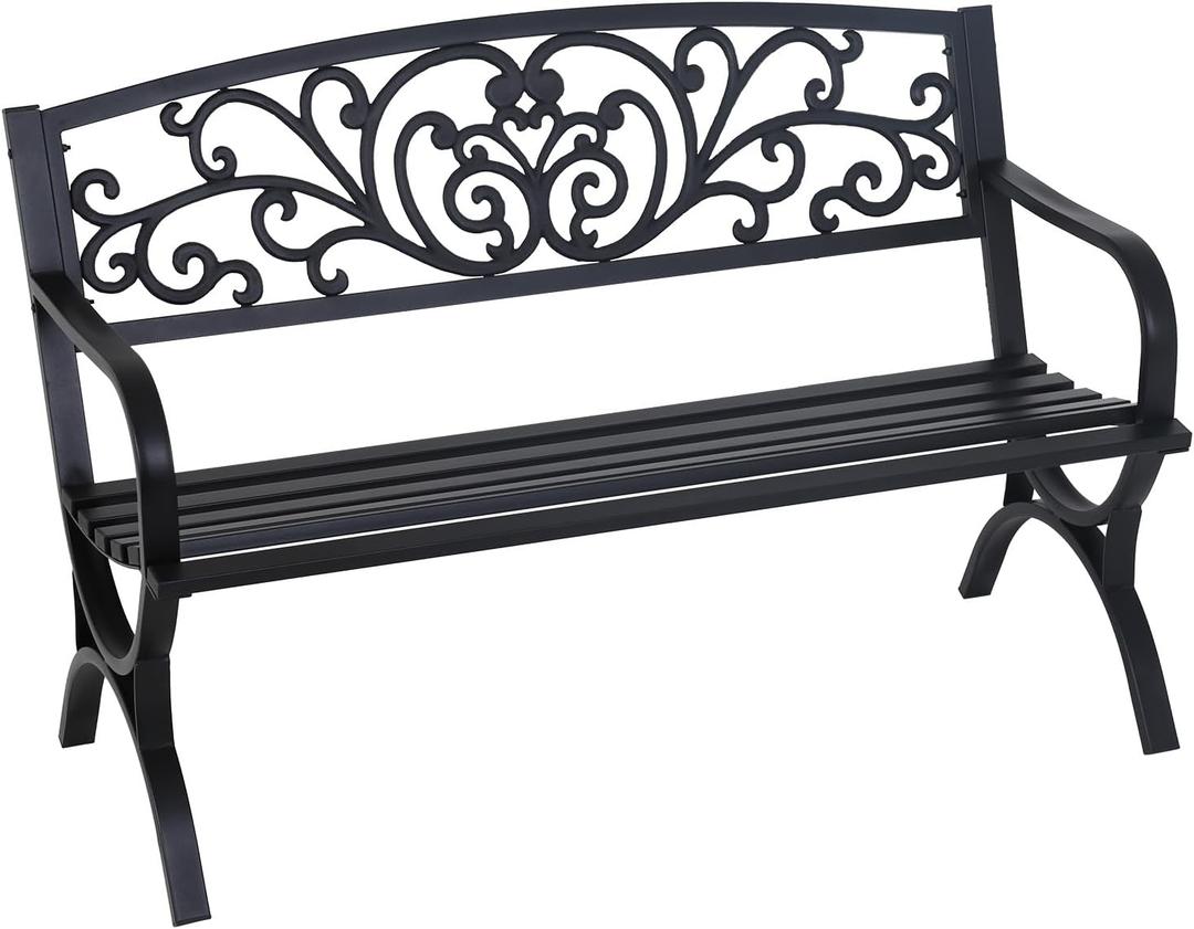 FDW | 50" Outdoor Garden Bench | Black | 485lbs Load Capacity, Floral Pattern