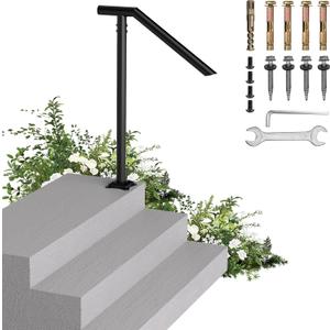 Handrails for Outdoor Steps, Single Post Wrought Iron Handrail for 1, 2, 3 Step, Outdoor Stair Rail Handrails with DIY Took Kit, 37" H Black Hand Rail Powder Coating for Concrete Steps or Wood Stairs