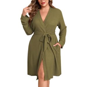 Ekouaer Women's Plus Size Robe Waffle Knit Bathrobe Short Lightweight Kimono Robes with Pockets Maternity Robe 1x-5x (2X, Army Green)
