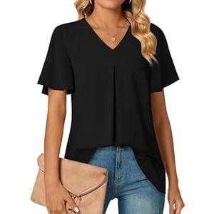 Anyally Women's Summer Dressy Chiffon Blouses V Neck Ruffle Short Sleeve Tunic Tops for Leggings Casual T-Shirts, L Black