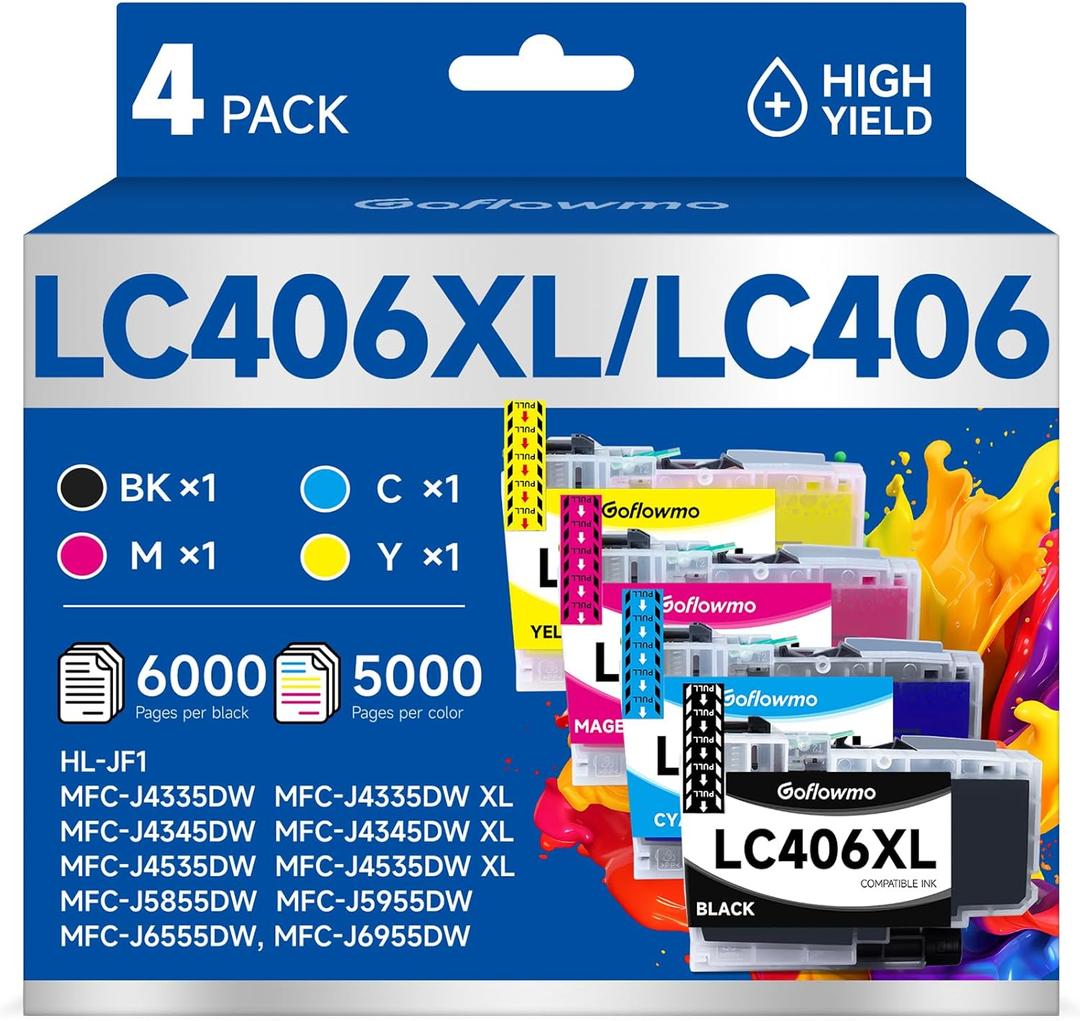 LC406XL LC406 Ink Cartridges for Brother Printer LC 406 XL 406XL MFC-J4335DW Ink Cartridge Compatible for Brother MFC-J4535DW MFC-J5855DW MFC-J6555DW MFC-J6955DW Printer (4-Pack High Yield, BK/C/M/Y)