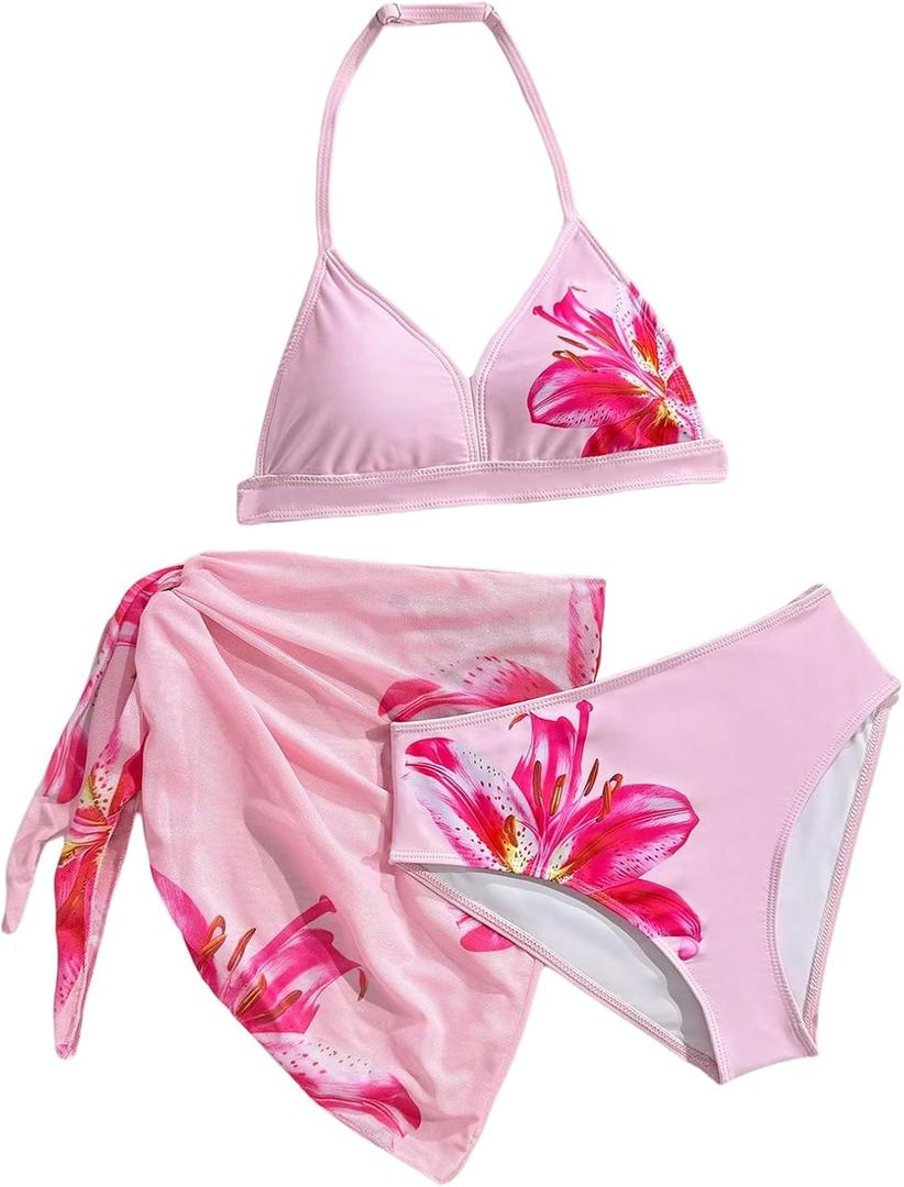 Girl's 3 Piece Floral Print Halter Triangle Bikini Set Cute Swimsuits with Cover Up Beach Skirt (Pink) 15 Y