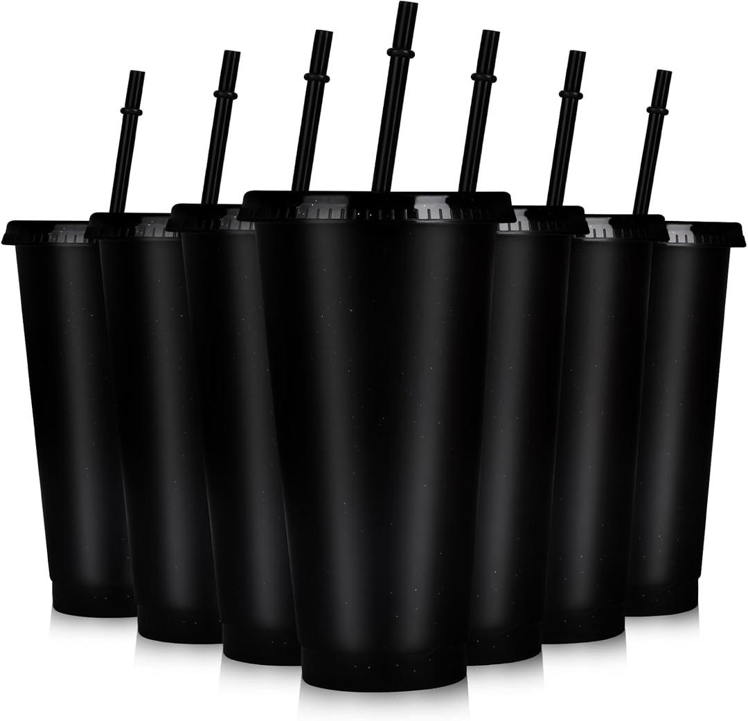 Hooqict 7 Sets Reusable Cups with Lids and Straws 24 oz Plastic Tumblers Black Party Favor Cups Water Bottle Iced Coffee Travel Mug for Kids, Adults, Summer Birthday Parties