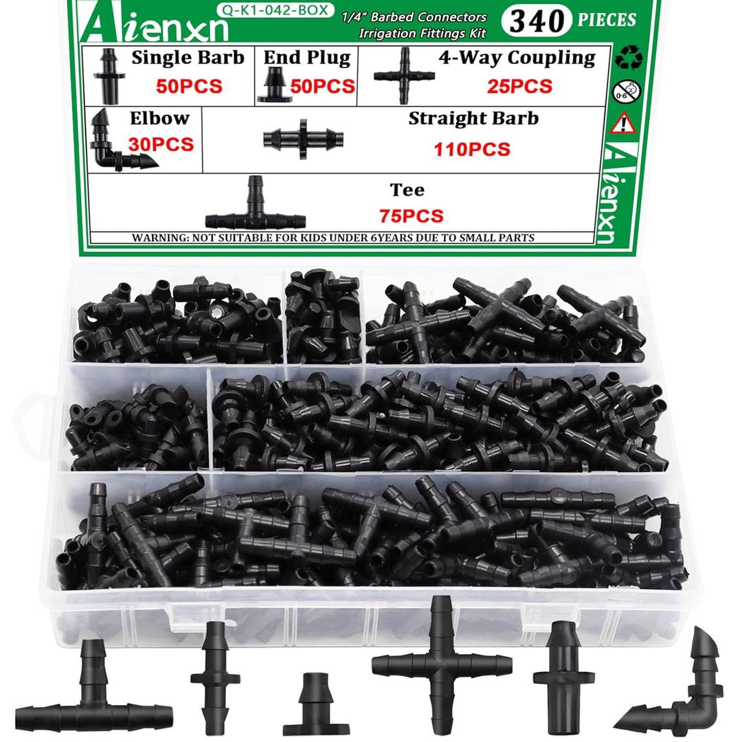 340PCS 1/4" Drip Irrigation Kit Barbed Connectors, Straight Barb, Tee, Single Barb, End Plug, Elbow, 4 Way Coupling Irrigation Fittings for Garden Lawn Flower Pot