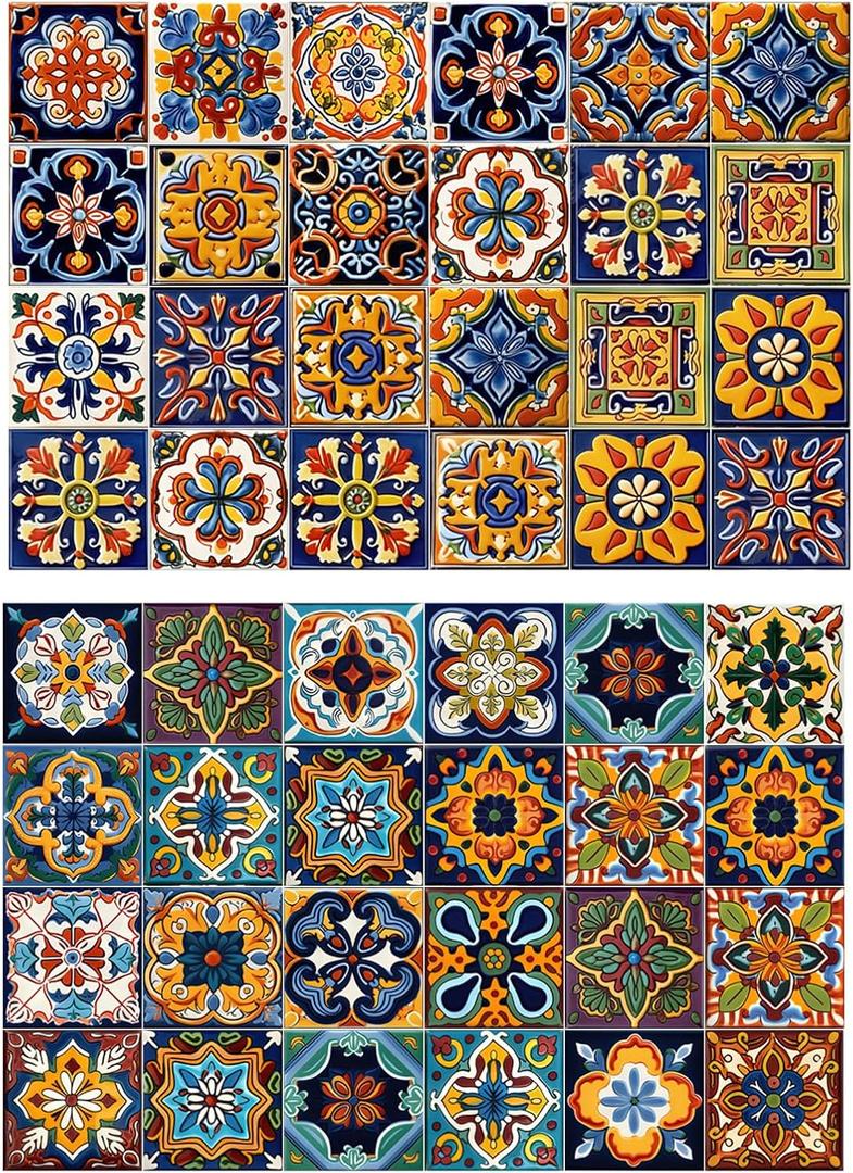 48Pcs Tile Sticker Peel and Stick, Kitchen Wall Decals Stick on Tile Adhesive Stickers, Moroccan Decor for Home, Wall Decals for Bathroom Staircase 4"x 4"