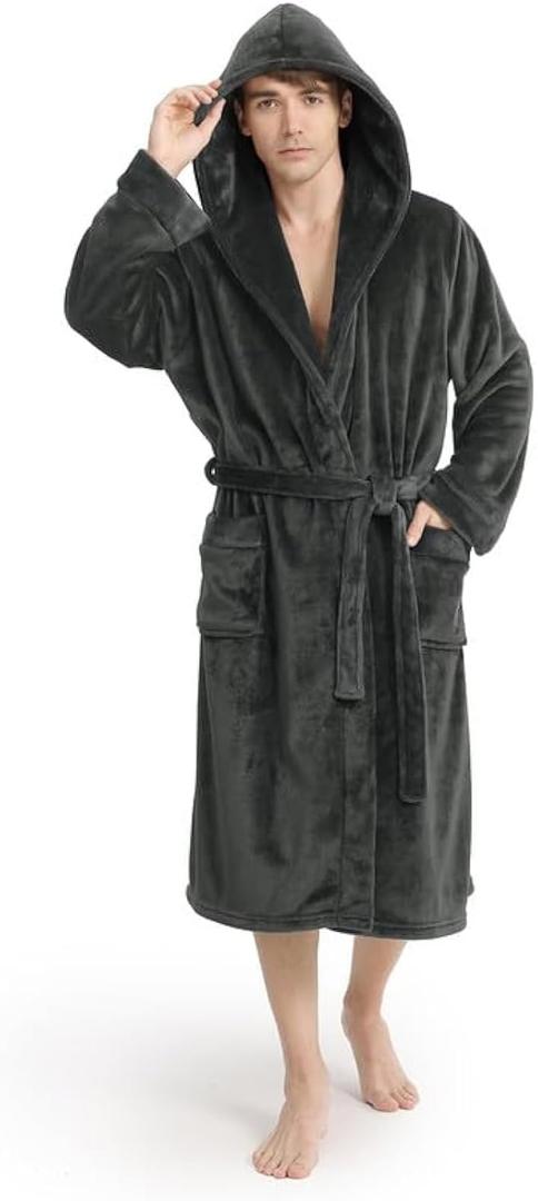 Yurhap Luxury Men's Robe with Hood, Ultra Cozy Fleece Bathrobe for Men, Plush Hooded Robe with Belt & 2 Pockets (Small-Medium, Dark Gray)