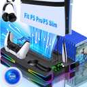 PS5 Stand Cooling Station for PS5/PS5 Slim Console, PS5 Accessories Vertical Stand with 2.36in Large P5 Fan Cooling Fan, Colorful Light, Dual Controller Charger, Headset Holder, 3 Charger Port-Black