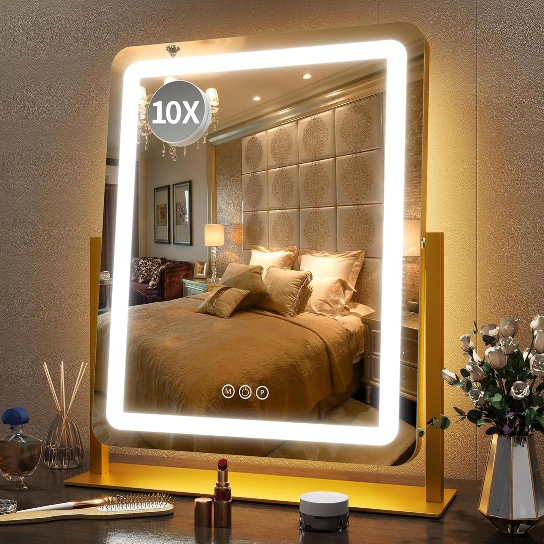 FENNIO Vanity Mirror with Lights 22 Inch- LED Lighted Makeup Mirror, Large Makeup Mirror with Lights, Touch Screen with 3-Color Lighting, Led Mirror Makeup, Dimmable(Gold)