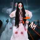 Scary Halloween Decorations Outdoor, Hanging Swinging Girl Ghost with Lighted Eyes and Creepy Sound, Sound Activated Scary Animatronic Doll Prop for Haunted House Yard Porch Halloween Party Decor