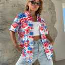 American Flag Shirt Women Patriotic Shirts 4th of July Tops USA Hawaii Floral Blouses Memorial Day Button Down Shirts (M)