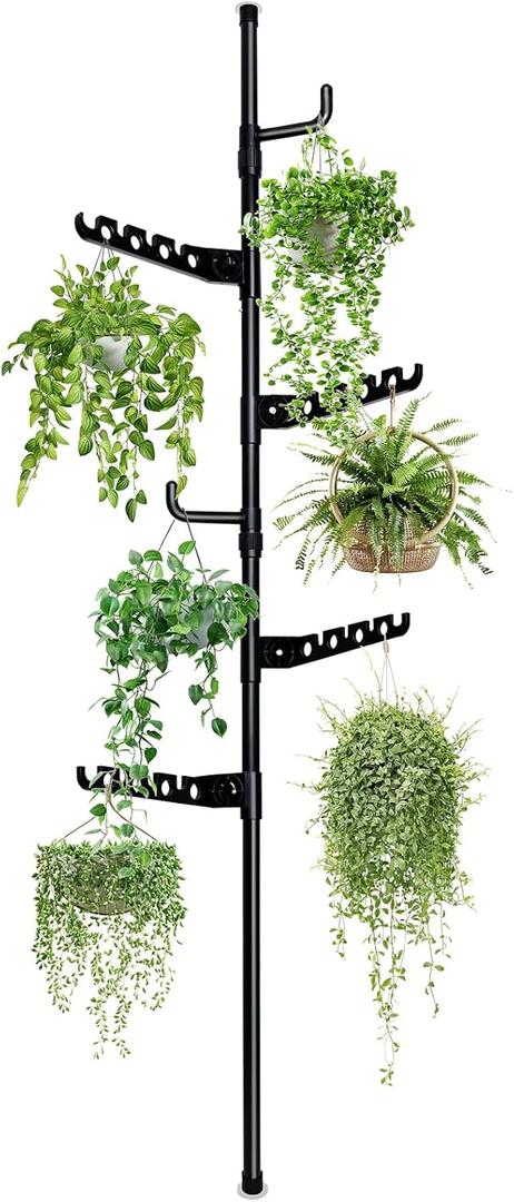 Tension Rod Plant Stand, Plant Poles for Hanging Plants Indoor, Metal Tension Pole Plant Stand with 6 Hangers, Floor to Ceiling Hanging Plants Stand(Fit 3.6-10ft)