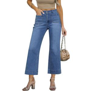 LookbookStore Wide Leg Cropped Jeans for Women High Waisted Stretchy Denim Jean Pants Baggy Flare Trouser Jeans Pockets (X-Small, Darkness Blue)