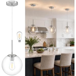 KoKo&Yukina 10" Modern Globe Pendant Light Mid-Century Nickel Pendant Lights Kitchen Island Height Adjustable Clear Glass Pendant Light Fixture for Dining Room Bedroom Hallway Entryway Sink Bulb Incl.