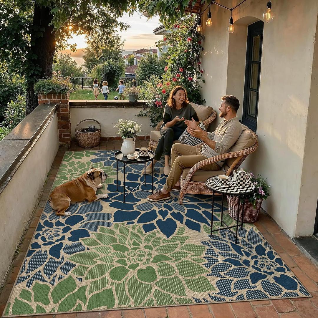 PureCozy 5x7 Easy Jute Outdoor Rug Navy/Green Floral Textured Indoor Outdoor Area Rug Farmhouse Patio Carpet for Backyard, Patio, Porch, Easy-Cleaning, High Traffic, Pet-Friendly, Non-Shedding