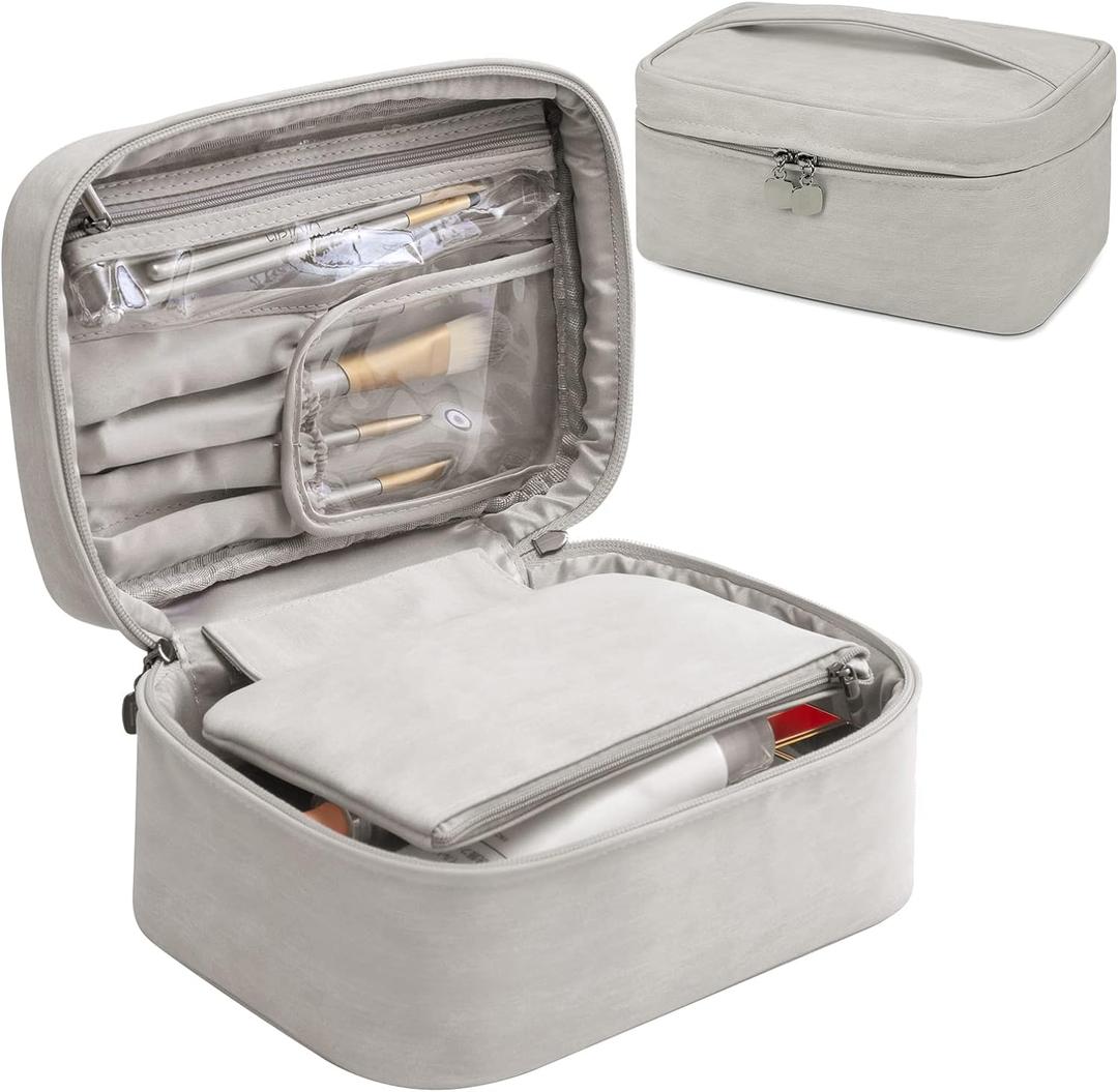 KTMOUW Makeup Bag Waterproof Cosmetic Bag Leather Makeup Travel Bag Portable Makeup Brush Bag Multifunctional Makeup Organizer Bag for Women Girls, 2-Pack, Grey