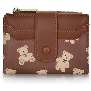 Cute Wallet for Women, Bear Print Zip Bifold Wallet with Front Card Slot, ID Window, Cash Slot, Short Women Wallet Elegant Youthful and Cute (Brown)