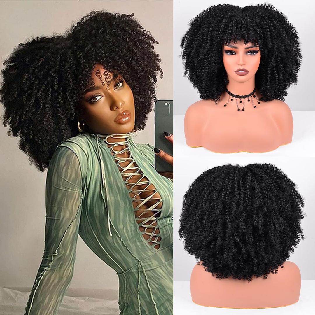 Afro Curly Wig with Bangs 12 Inches Synthetic Afro Wig for Women about 280g/Pcs Heat Resistant Black Short Kinky Curly Wigs for Daily Party,12 Inch, Black (1B)
