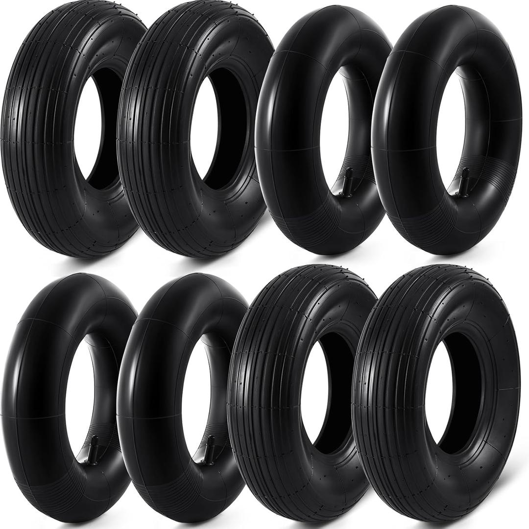 4 Sets 13'' 4.00-6 Replacement Tire and Inner Tube Set Heavy Duty 4.00-6 Tire and Wheel with TR13 Straight Valve Stem and Ribbed Treads, for Wheelbarrow Trolley Garden Wagon Wheels