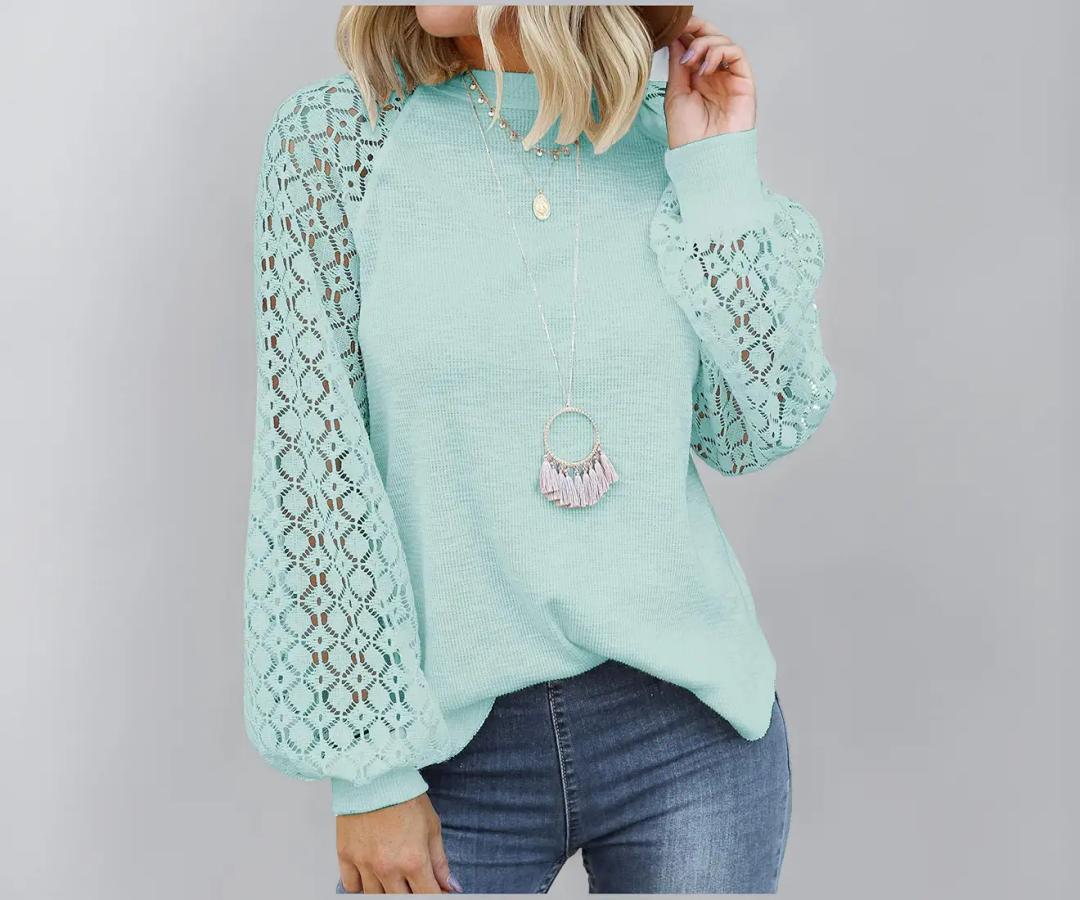 MIHOLL Women’s Long Sleeve Tops Lace Casual Loose Blouses T Shirts (Lake Blue, Small)