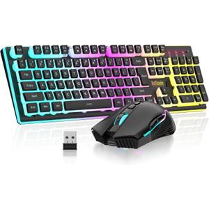 RedThunder K10 Wireless Gaming Keyboard and Mouse Combo, RGB Backlit Rechargeable 3800mAh Battery, Mechanical Feel Anti-ghosting Keyboard with Pudding Keycaps + 7D 3200DPI Mice for PC Gamer (Black)