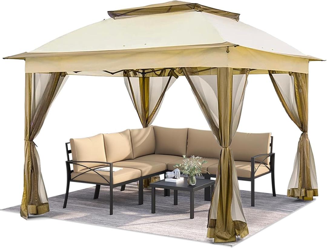 10x10 Pop Up Gazebo Tent, 2-Tier Vented Roof Outdoor Canopy,Beige | 2-Tier Vented Roof, Removable Mesh Netting, Weatherproof Outdoor Shelter, Quick Instant Setup, for Garden Lawn Backyard