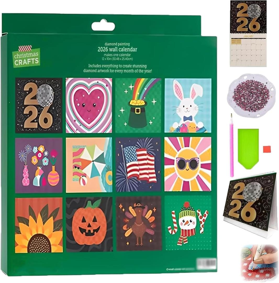 2 x YAGUAN 2026 Diamond Art Calendar,New Wall Calendar Diamond Painting Kit,DIY Diamond Art Calendar 2026,12-Month Flip Wall Calendar with to Do List for Christmas Home Office Decoration (1PCS)