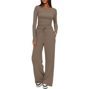 Darong Womens 2 Piece Outfit Long Sleeve Pullover Tops Wide Leg Pants Set Tracksuits 9065A Light Khaki M